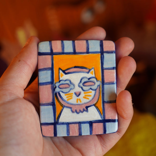 Pink Cat - Handmade Ceramic Mini Wallhanging