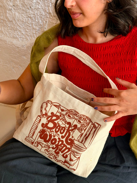 Bookworm! - Beige Canvas Book Bag