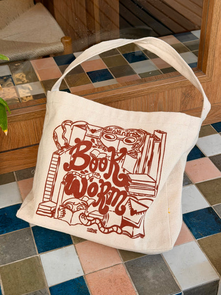 Bookworm! - Beige Canvas Book Bag