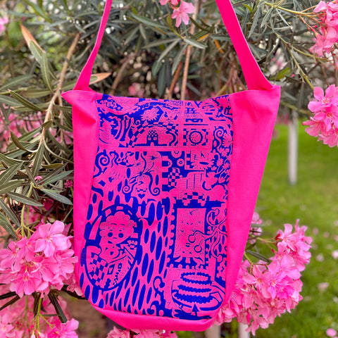 Pink & Blue Crossbody Canvas Tote Bag