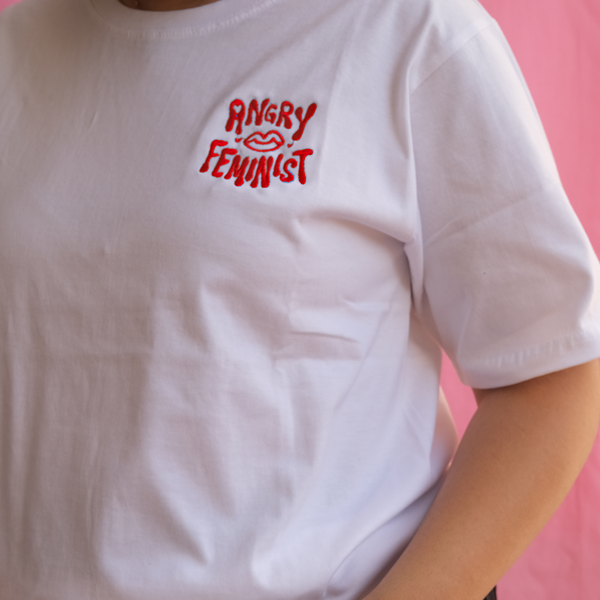 angry feminist - embroidered white shirt