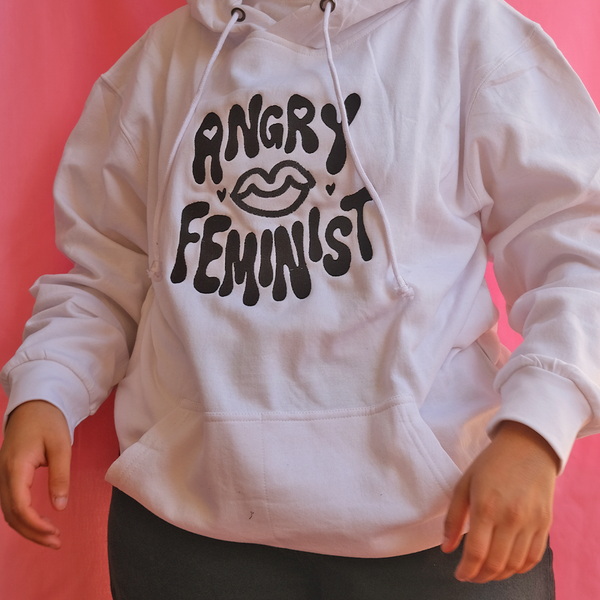 angry feminist - embroidered white hoodie